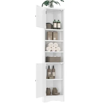 Immagine prodotto di Mobiletto da bagno triangolare 170 cm, laccato solido, resistente all'umidità, 3 scomparti aperti, doppie ante, regolabile, salvaspazio, bianco