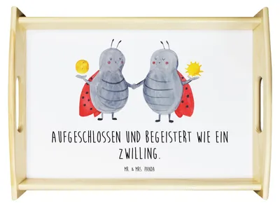 Produktbild von Mr. & Mrs. Panda Holztablett Sternzeichen Zwilling - Weiß - Geschenk, Glückskäfer, sofatablett, Sofa Tablett, betttablett, Serviertablett, Servier, Geburtstag Mai