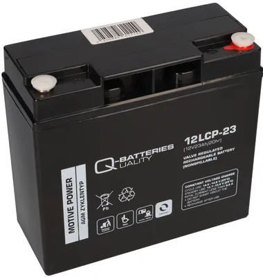 A black rechargeable battery with white and red terminals, shown from a diagonal angle on a white background.