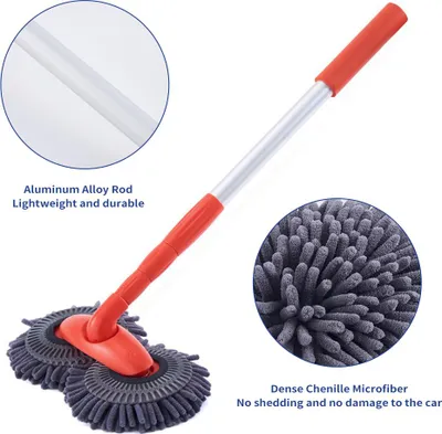 Image de Balai à franges long en microfibre chenille avec rallonge, outil de nettoyage télescopique rotatif à double tête pour voiture