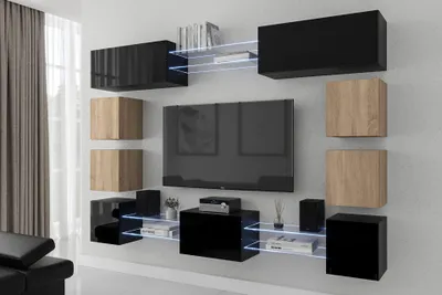 Obrázok produktu pre Furnitech Obývacia stena - Nábytok do obývačky s LED RGB - 16 farieb - Moderná závesná stena - Police a TV skrinka (Future C80N-21BS-HGM25)