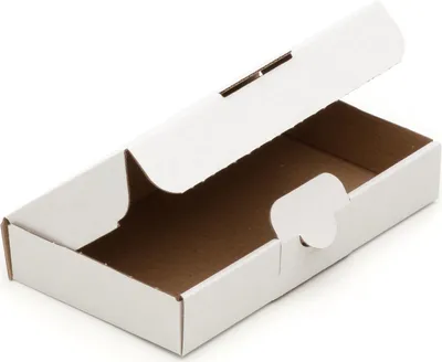 An open white cardboard box with brown interior, shown from a diagonal angle.