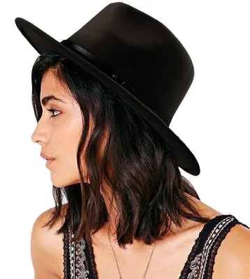 Zdjęcie produktu dla Damski kapelusz Fedora z szerokim rondem, ozdobiony klamrą, w stylu retro, wykonany z materiału przypominającego panamę, kolor czarny