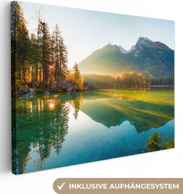 Produktbild von MuchoWow® - Leinwandbilder - See - Wald - Berge - Natur - Sonne - Landschaft, Wandbild, Wanddeko Bilder Wohnzimmer, 120x90cm