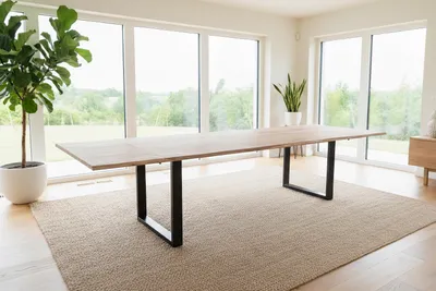 Produktbild von Esstisch Baumkante Akazie natur 200(300)x100 Ansteckplatten U-Gestell schwarz AVINO