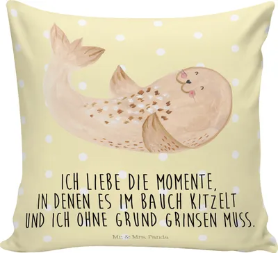 Produktbild von Mr. & Mrs. Panda zier kissen Robbe Liegen - Gelb Pastell - Geschenk, Nordsee, 40x40, Zierkissen, Kuschel, Gute Laune, Kuschelkissen, Seehund, Freude, Sofakissen, Sofa