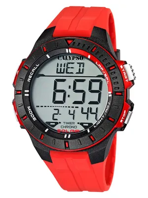 A digital watch with a red strap and black bezel is shown against a white background.