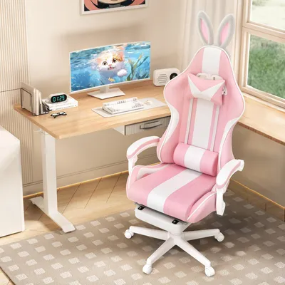 Produktbild von Gaming Stuhl Ergonomisch mit Fußstütze, Niedlicher Gaming Chair Stoff mit Katzenohren und Schwanz, Massage-Lendenkissen, Höhenverstellbar, Rosa