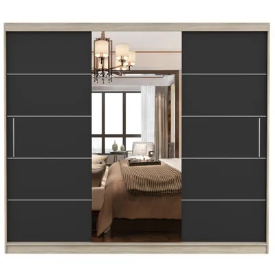 Produktbild von Schwebetürenschrank Kleiderschrank Schrank 250cm Sonoma/Schwarz mit Spiegel und LED-Beleuchtung Alba