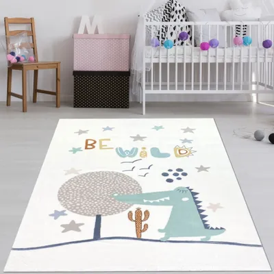 Image de Tapis pour enfants ultra-doux | Étoiles et dinosaures | couleur crème - Dimensions : 160 x 230 cm