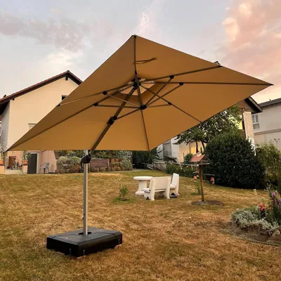 Produktbild von PURPLE LEAF Sonnenschirm 330 x 330 cm Ampelschirm Quadratischer Außenbereich Alu Doppelsonnenschirm 360° Rotation, Sonnenschutz UV50+, Beige