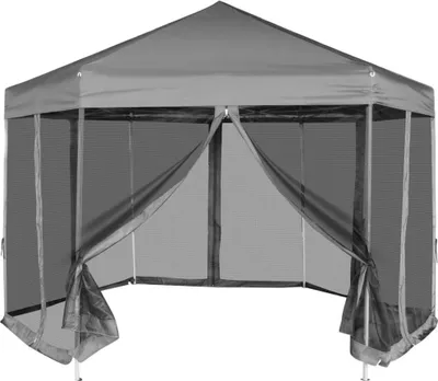 Zdjęcie produktu dla The Living Store Sześciokątny namiot pop-up z 6 ścianami bocznymi Szary 3,6x3,1 m