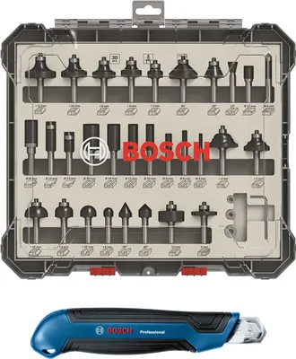 Produktbild von Bosch Professional 30 teiliges Fräser Set inklusive gratis Cuttermesser, Farbe:Blau