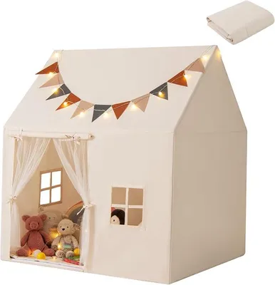 Imagen del producto de Tienda infantil para interiores, casita de juegos con 20 luces en forma de estrella, alfombra, 2 ventanas, cortina y 12 banderas. Tienda tipi para niños, ideal para niñas y niños, para usar en la habitación. Color beige
