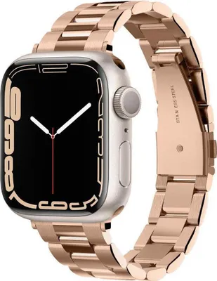 A close-up studio shot of a rose gold metal watch band attached to a silver smartwatch.