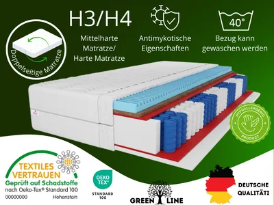 Produktbild von 7 ZONEN Kokos-Taschenfederkernmatratze Premium 90x200x27 cm, Matratze Härtegrad H3/H4, Farbe: Weiß, inkl. Bezug