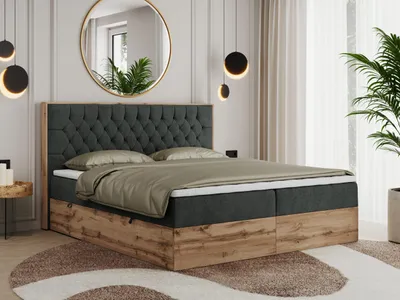 Obrázek produktu pro Boxspring s dřevěným dekorem a prošívaným čelem AMORE s úložným prostorem - 180x200 cm - Multipocket H4 | Šedá Strukturovaná látka - Topper T25