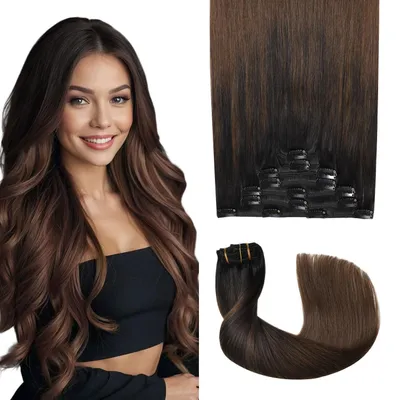 Produktbild von Haarverlängerung Echthaar Clip 50cm 7 Stück #1BT4 Schwarz bis Dunkel Braun 120g Remy Extensions