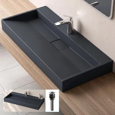 Produktbild von doporro Waschbecken Aufsatzwaschbecken Mineralguss Hängewaschbecken Waschtisch matt Anthrazit 100x46x11cm mit Armaturloch inkl. Ablaufgarnitur Colossum19