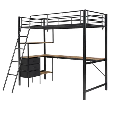 Produktbild von Hochbett mit Rausfallschutz, Lattenrost, Regal und Schreibtisch, 90x200 cm, Metallbett, Kinderbett, Jugendbett
