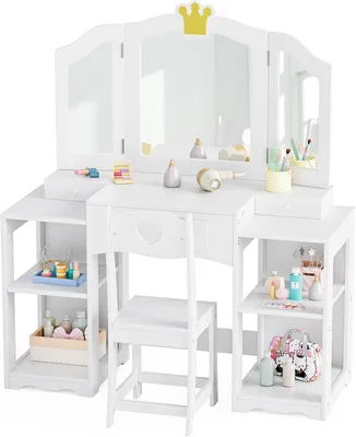 Produktbild von FCH Kinder Schminktisch Prinzessin mit Hocker, Frisiertisch mit dreifach klappbarem Spiegel, Regale, Schublade, Weiß