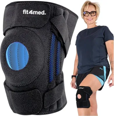A black knee brace with blue accents is shown next to a woman wearing a similar brace on her leg.
