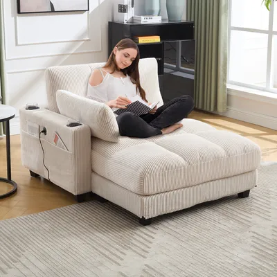 Immagine prodotto di Abrihome divano letto reclinabile con porta USB e portabicchieri, poltrona lounge con tasche laterali, beige