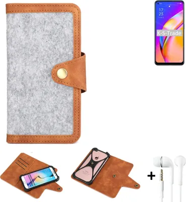 Produktbild von K-S-Trade Handyhülle + Kopfhörer kompatibel mit Oppo A94 5G Schutzhülle Filz Hülle Kunstleder hellgrau braun (1x)