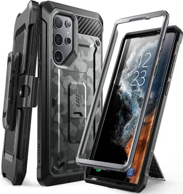 A Samsung Galaxy S22 Ultra phone case with a holster and kickstand, shown in a camouflage pattern.