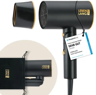 A collage showing a black and gold hairdryer with accessories and a review tag.