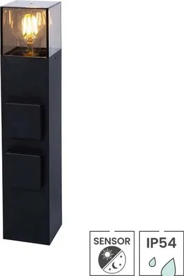 Produktbild von Außensteckdose auf Säule Oslo | Dämmerungssensor | E27-Fassung | IP54 | 2 Steckdosen | 40 cm hoch | Mattschwarz