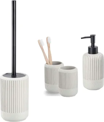 Produktbild von 4-teiliges Badezimmer-Set Zement hellgrau, Badzubehör-Set besteht aus: Seifenspender & 2x Zahnputzbecher, WC-Bürste, moderne Badausstattung von Zeller