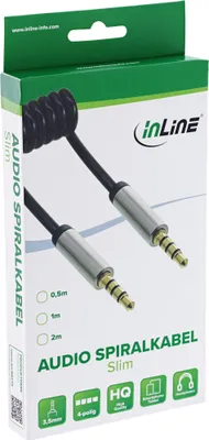 Produktbild von InLine Slim Audio Spiralkabel Klinke 3,5mm ST/ST, 4-polig, Stereo, 2m, 3.5mm, Stecker, 3.5mm, Stecker, 2 m, Schwarz