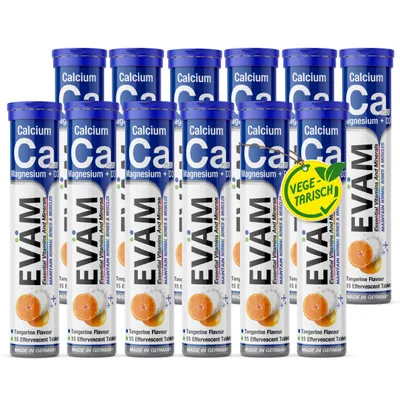 Produktbild von EVÄM Calcium Magnesium D3 Brausetabletten hochdosiert für Knochen und Muskeln, Vegetarisch und ohne Zuckerzusat, Hergestellt in Deutschland - 12er Set