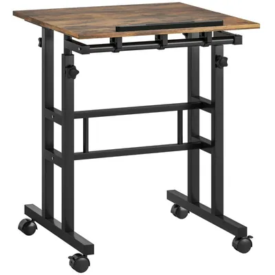 Image de Fortuna Lai Bureau réglable en hauteur Table de cuisine avec étagère, roulettes, bureau d'ordinateur Rustique Marron 60 x 60 x 70,5-120 cm