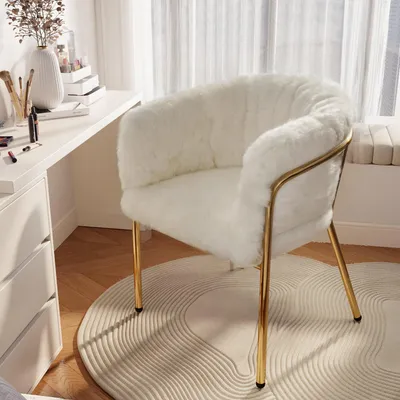 Produktbild von Freizeitstuhl, einzeln,Ankleide Stuhl, Wohnzimmer und Schlafzimmer, leichter Luxus, Esszimmerstuhl, mit vier Stützbeinen aus Metall, Kaninchendaunenimitat, Weiß[OLD SKU:WF317938AAB] White