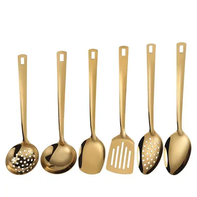 Produktbild von 6 teiliges Küchenutensilien Set aus Edelstahl,Küchenhelfer mit Titan-Beschichtung, Pfannenwender, Löffel, Sieb und mehr für die Küche