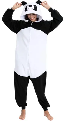 Produktbild von Damen Schlafanzug Jumpsuit Kigurumi Onesie Panda Bequem Schwarz-Weiß XL