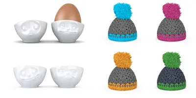 Produktbild von Fiftyeight Eierbecher-Sets Nr. 1 + 3 inkl. Mützen Küssend Verträumt + Glücklich Hmpff! weiß