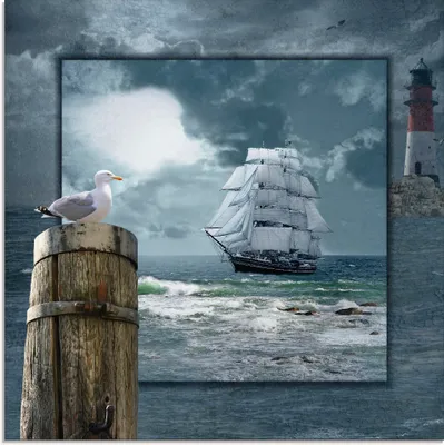 Produktbild von ARTland Glasbild Maritime Collage mit Segelschiff Größe: 30x30 cm