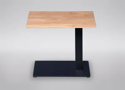 A modern side table with a wooden top and a black metal base, presented against a neutral gray background.