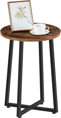 Obrázek produktu pro Kulatý odkládací stolek HOOBRO vintage hnědý/černý 40 cm: Robustní konferenční stolek s kovovým rámem ve tvaru písmene X