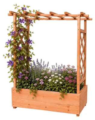 Obrázok produktu pre Kvetináč Relaxdays s mriežkou na popínavé rastliny a strechou, rozmer: 114 x 100 x 44 cm, kvetináč s oporou, vhodný na balkón a do záhrady, materiál: drevo, farba: oranžová