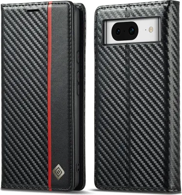 Image de Étui pour Google Pixel 7 Pro Étui en cuir carbone avec porte-cartes, aimant et support noir Vertical rouge
