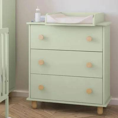 Produktbild von ZEE LUMI Mint 83x93x48 cm Wickelkommode mit 3 Schubladen Abnehmbarer Wickelaufsatz Holzdetails Skandinavisches Design Babyzimmer Kommode