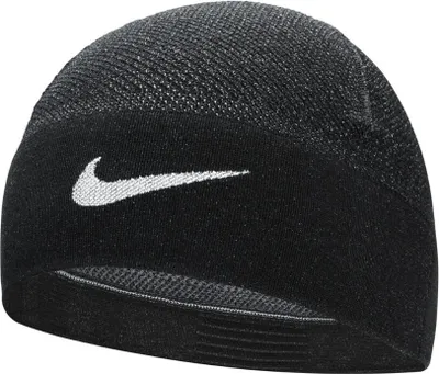 A black knitted beanie with a white Nike swoosh logo.