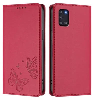 Image de Étui en cuir pour Samsung Galaxy A31, motif papillon en relief, étui à rabat avec porte-appareil, rouge