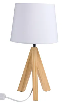 Tafellampe mit Holzbeinen, weißer Stoffschirm, E14, 36 cm
