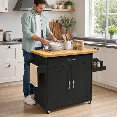 Produktbild von YARDIN Küchenwagen Servierwagen 115x36x90cm Schwarz, mobiler Rollwagen mit Schubladen, Gewürzregal & Schrank, MDF für Esszimmer und Küche