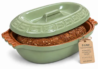 Produktbild von KERAZO 5 Liter ovale Brotbackform mit Deckel aus Steingut, 41x27x13 cm, Bräter, Auflaufform, Gratinform, Schmortopf, Brottopf, grün